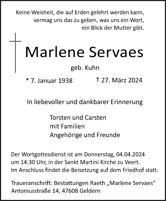 Traueranzeige von Marlene Servaes von NNA