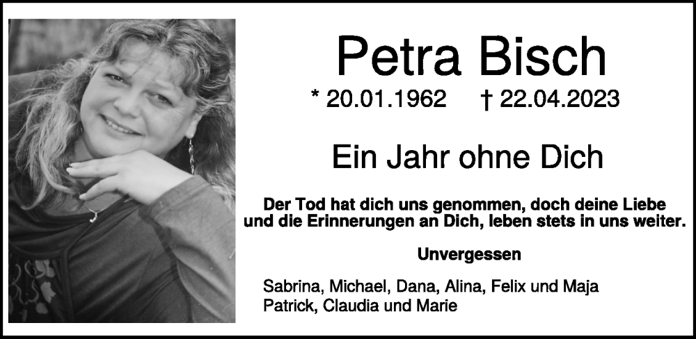  Traueranzeige für Petra Bisch vom 27.04.2024 aus NNA