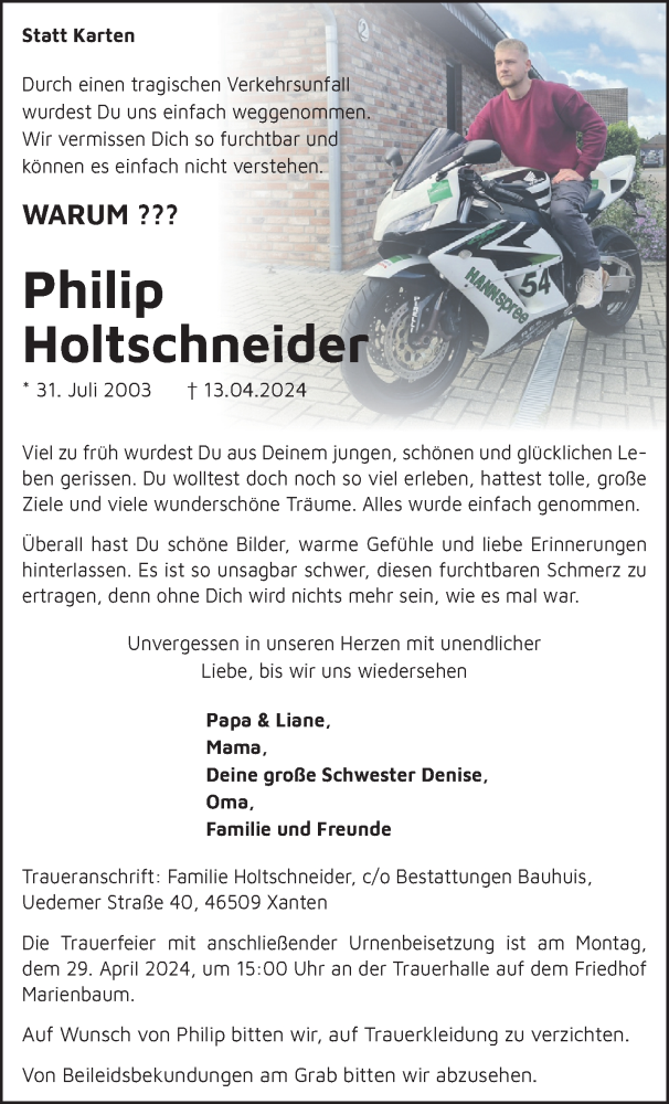  Traueranzeige für Philip Holtschneider vom 20.04.2024 aus NNA