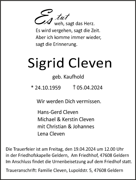 Traueranzeige von Sigrid Cleven von NNA