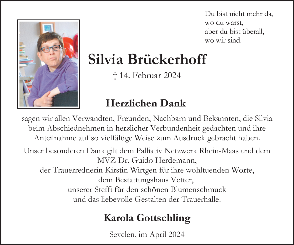  Traueranzeige für Silvia Brückerhoff vom 06.04.2024 aus NNA