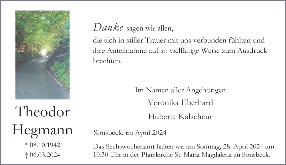  Traueranzeige für Theodor Hegmann vom 27.04.2024 aus NNA