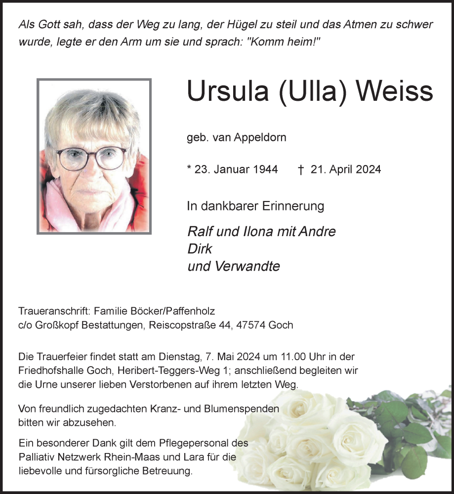  Traueranzeige für Ursula Weiss vom 27.04.2024 aus NNA