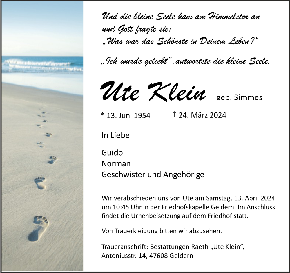  Traueranzeige für Ute Klein vom 10.04.2024 aus NNA