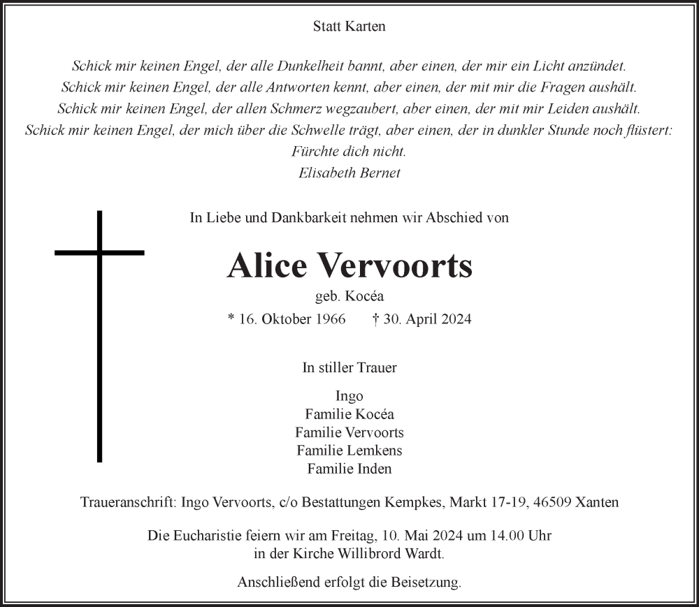  Traueranzeige für Alice Vervoorts vom 04.05.2024 aus NNA