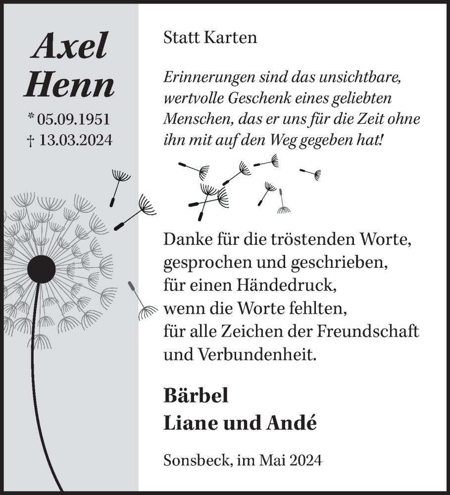  Traueranzeige für Axel Henn vom 18.05.2024 aus NNA