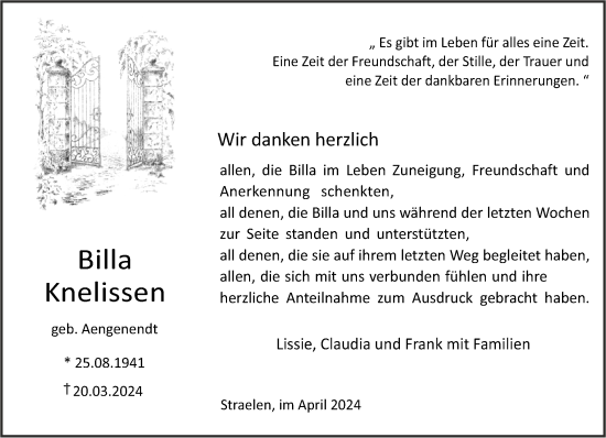 Traueranzeige von Billa Knelissen von NNA