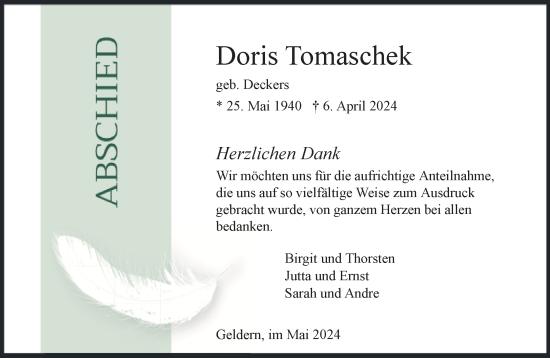 Traueranzeige von Doris Tomaschek von NNA