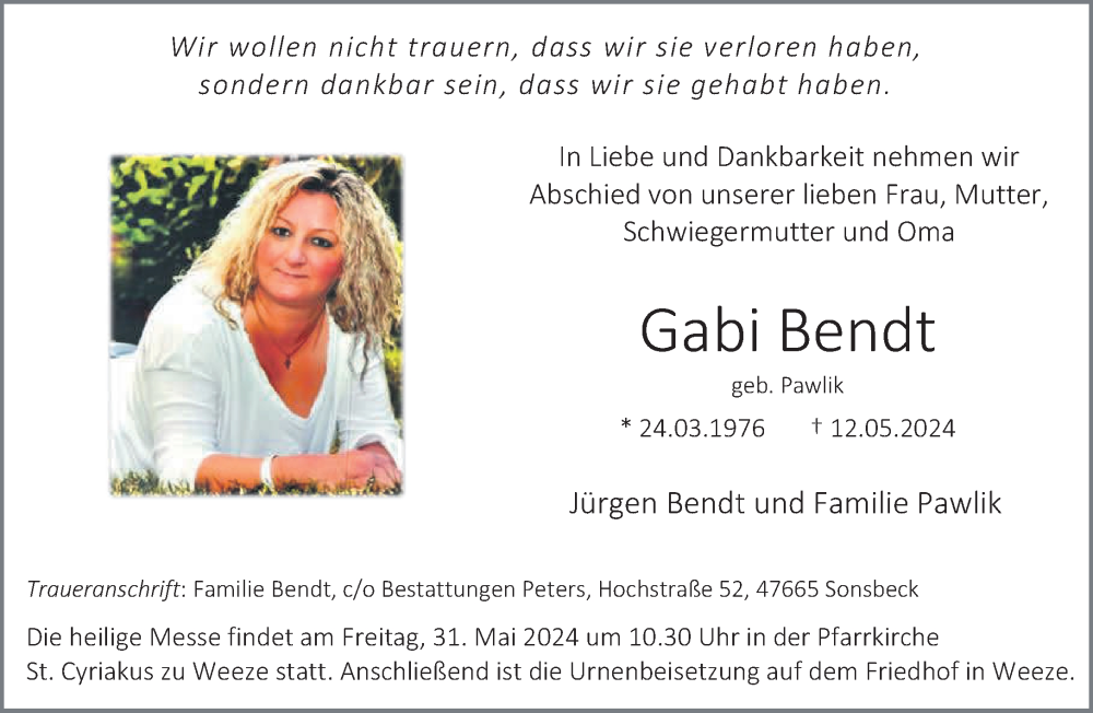  Traueranzeige für Gabi Bendt vom 25.05.2024 aus NNA
