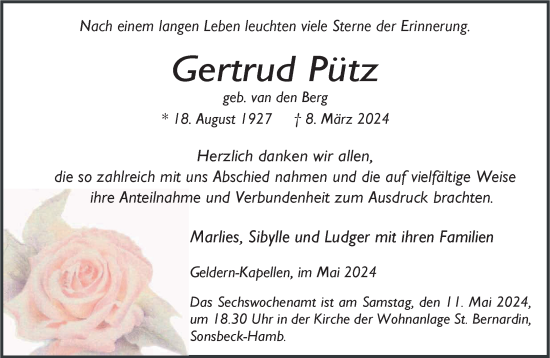 Traueranzeige von Gertrud Pütz von NNA
