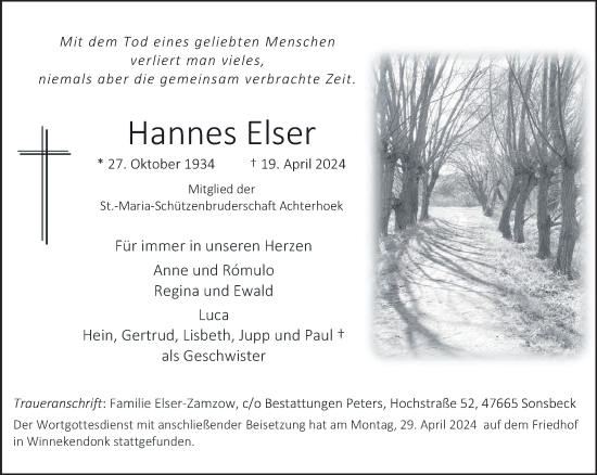 Traueranzeige von Hannes Elser von NNA