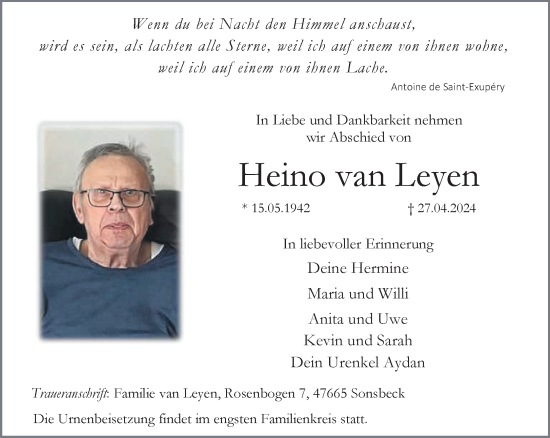 Traueranzeige von Heino van Leyen von NNA