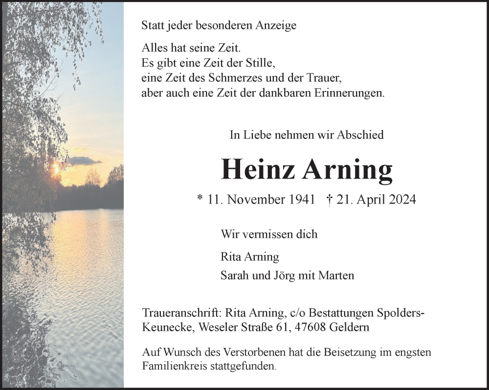  Traueranzeige für Heinz Arning vom 18.05.2024 aus NNA