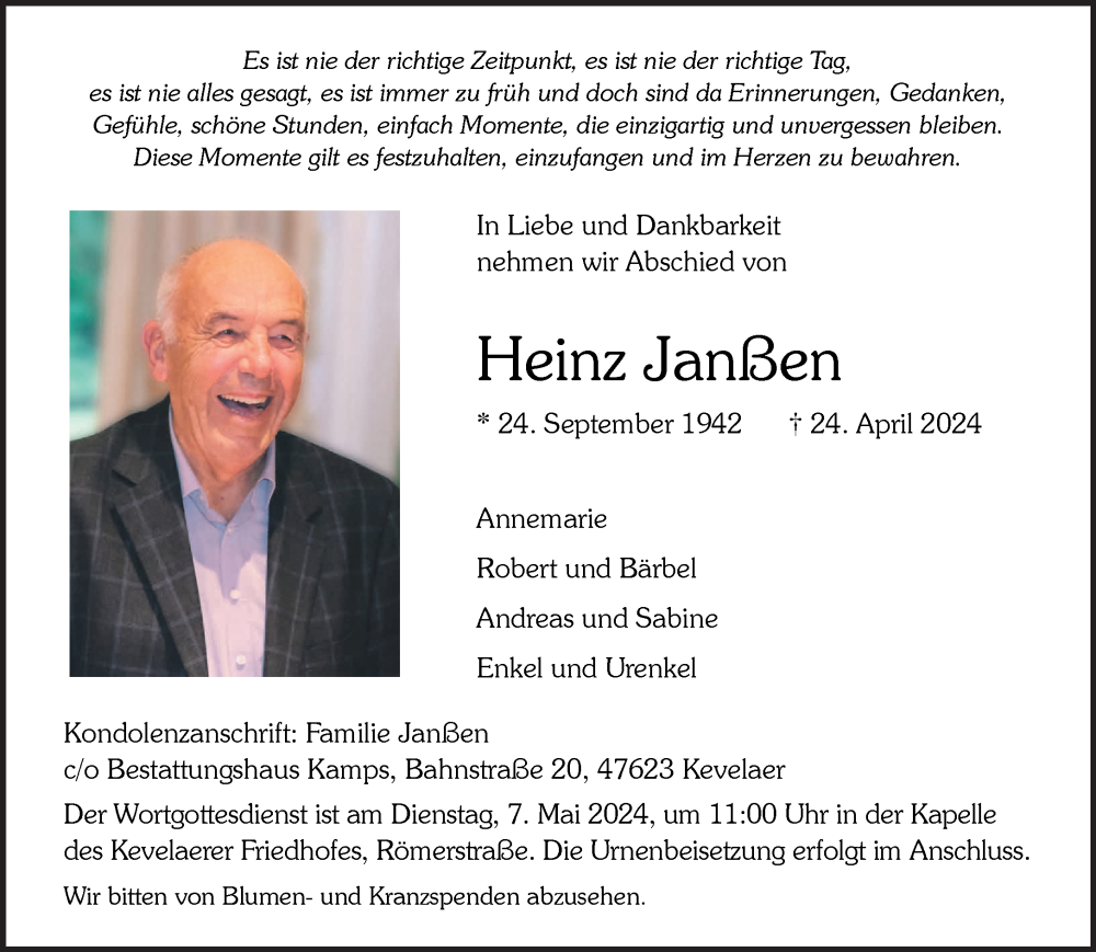  Traueranzeige für Heinz Janßen vom 04.05.2024 aus NNA