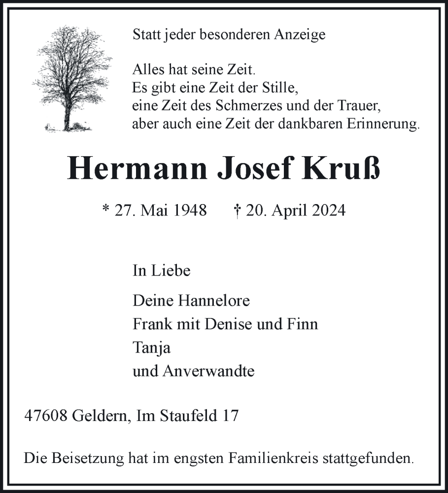  Traueranzeige für Hermann Josef Kruß vom 18.05.2024 aus NNA