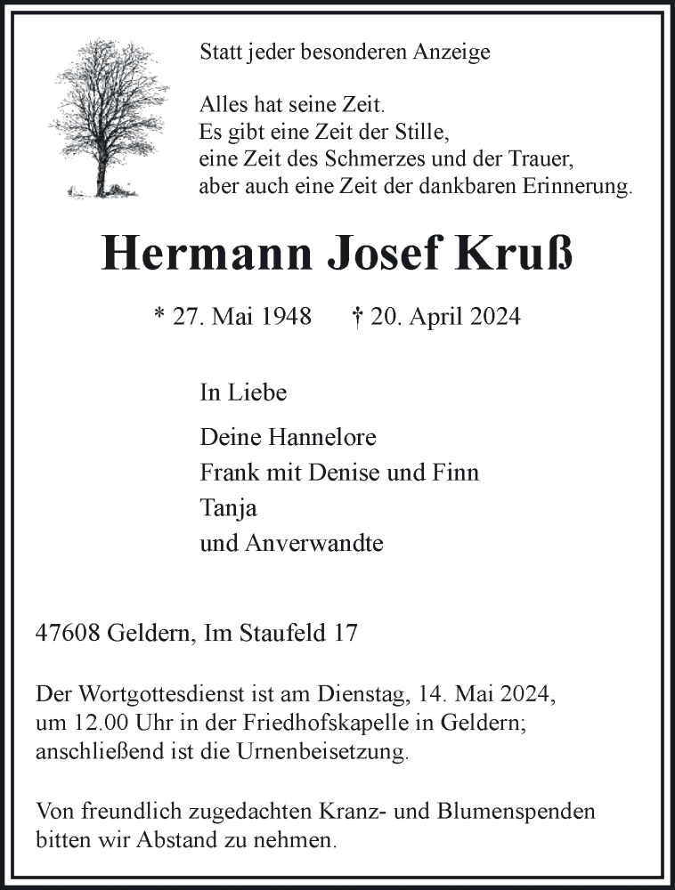 Traueranzeige für Hermann Josef Kruß vom 08.05.2024 aus NNA
