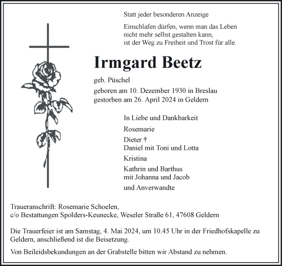 Traueranzeige von Irmgard Beetz von NNA