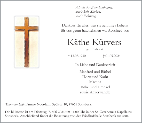 Traueranzeige von Käthe Kürvers von NNA