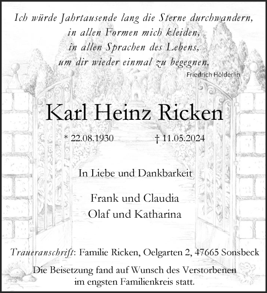 Traueranzeige von Karl Heinz Ricken von NNA