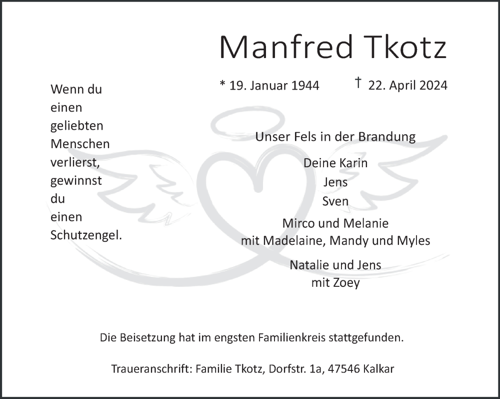  Traueranzeige für Manfred Tkotz vom 18.05.2024 aus NNA