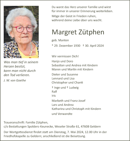 Traueranzeige von Margret Zütphen von NNA