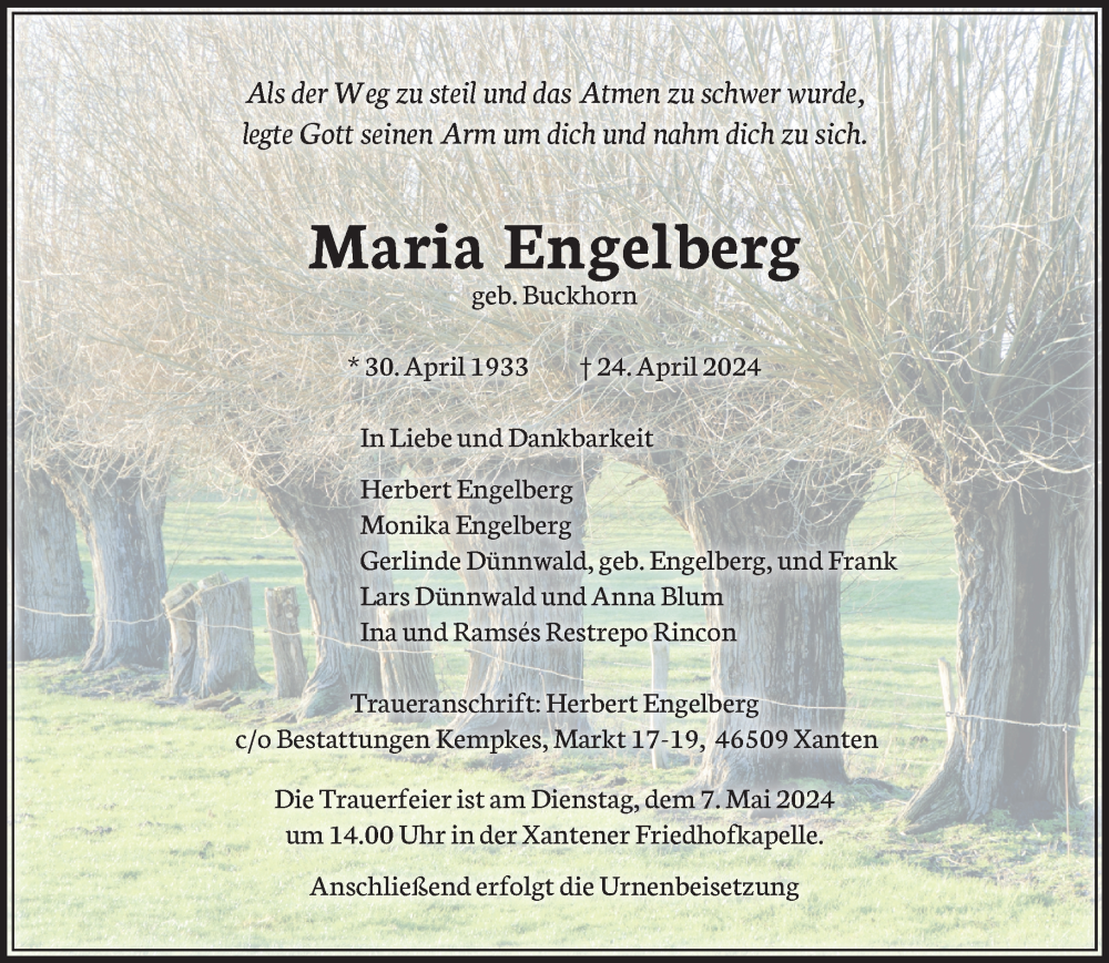  Traueranzeige für Maria Engelberg vom 04.05.2024 aus NNA