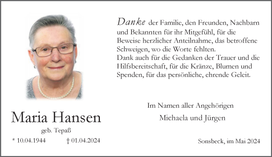 Traueranzeige von Maria Hansen von NNA