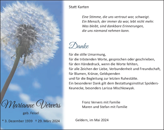 Traueranzeige von Marianne Ververs von NNA