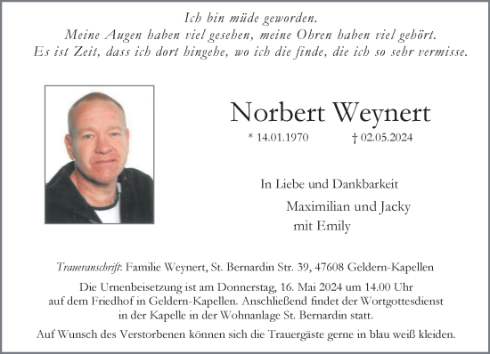 Traueranzeige von Norbert Weynert von NNA