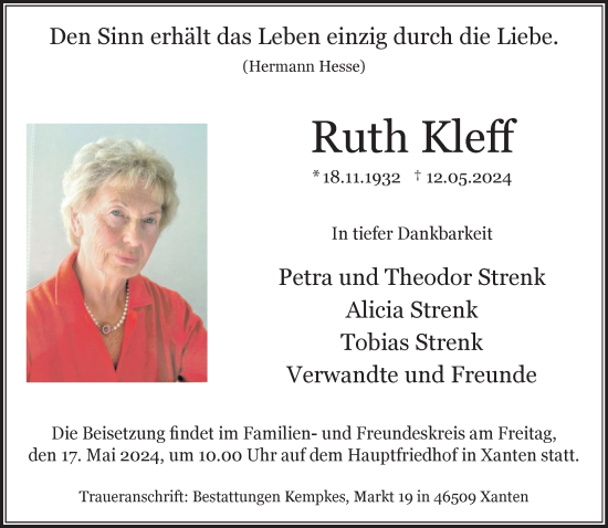 Traueranzeige von Ruth Kleff von NNA