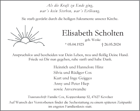 Traueranzeige von Elisabeth Scholten von NNA