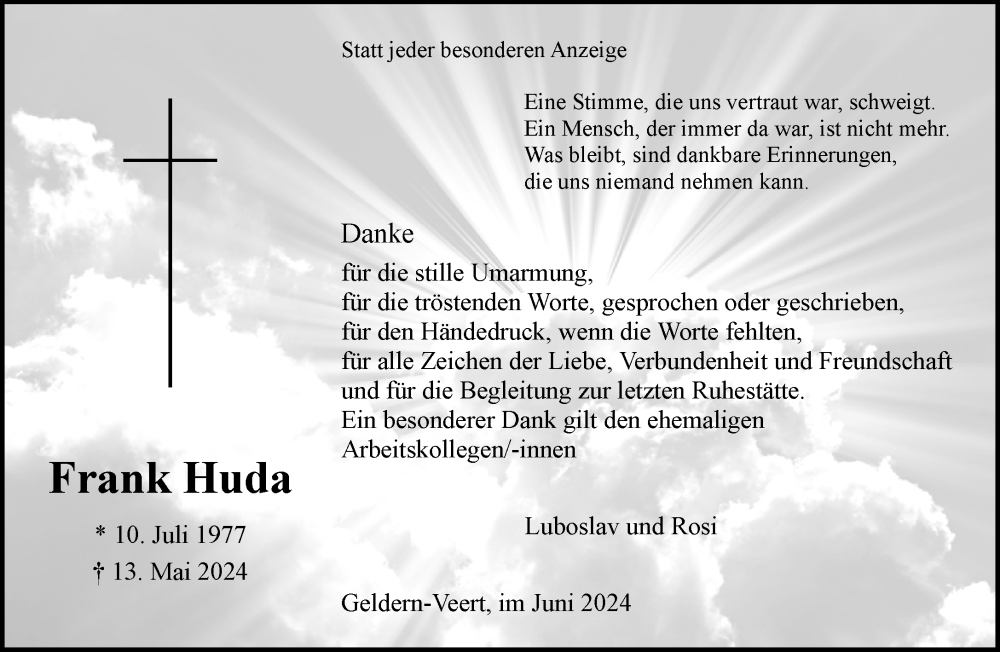 Traueranzeige für Frank Huda vom 22.06.2024 aus NNA
