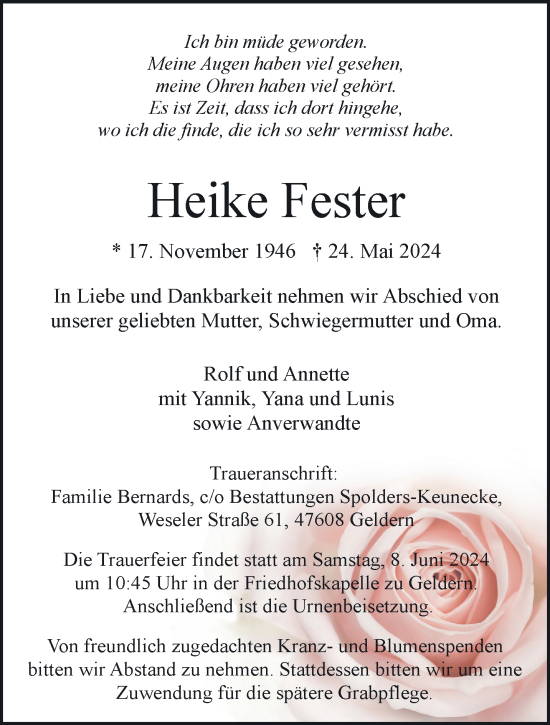 Traueranzeige von Heike Fester von NNA