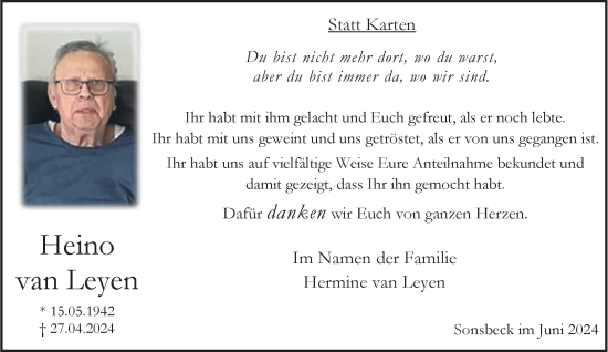 Traueranzeige von Heino van Leyen von NNA