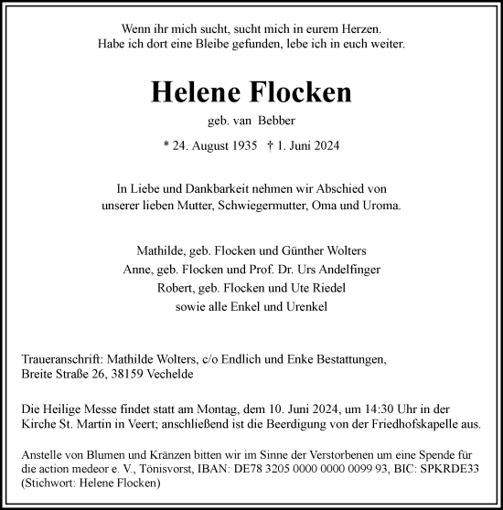 Traueranzeige von Helene Flocken von NNA