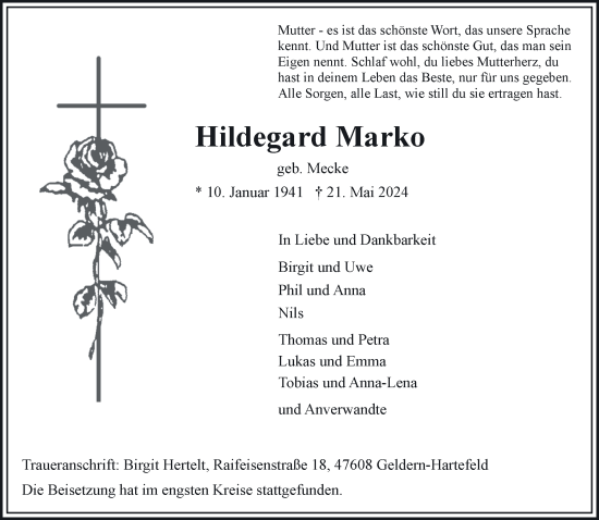 Traueranzeige von Hildegard Marko von NNA