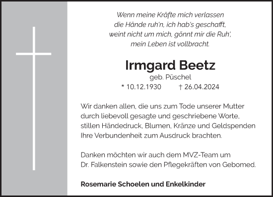 Traueranzeige von Irmgard Beetz von NNA