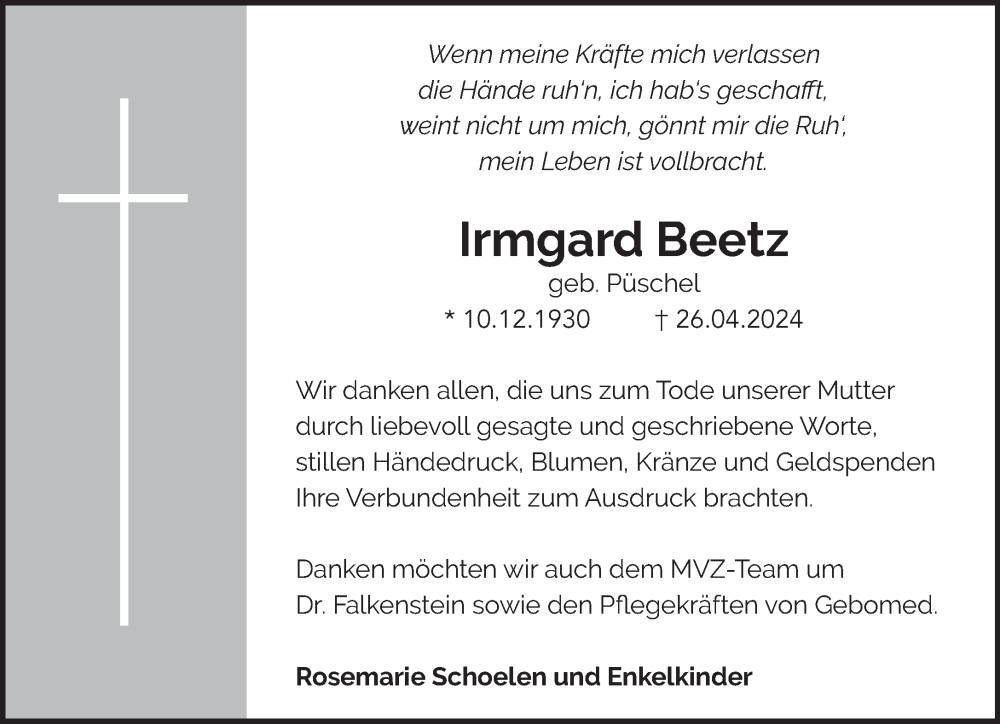  Traueranzeige für Irmgard Beetz vom 15.06.2024 aus NNA