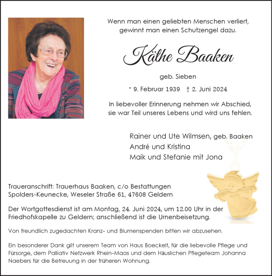 Traueranzeige von Käthe Baaken von NNA
