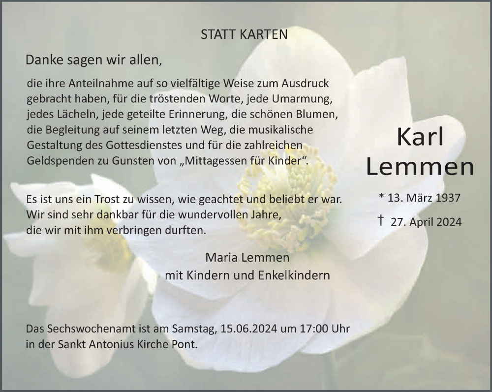  Traueranzeige für Karl Lemmen vom 08.06.2024 aus NNA