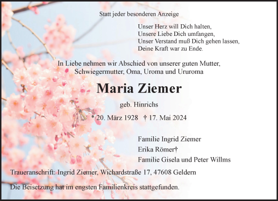 Traueranzeige von Maria Ziemer von NNA