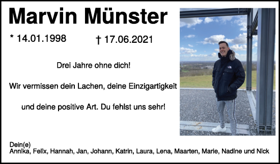 Traueranzeige von Marvin Münster von NNA