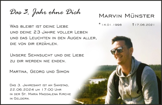Traueranzeige von Marvin Münster von NNA