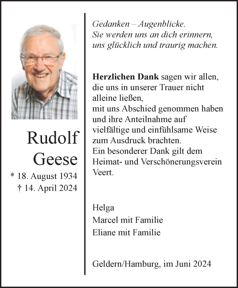  Traueranzeige für Rudolf Geese vom 08.06.2024 aus NNA