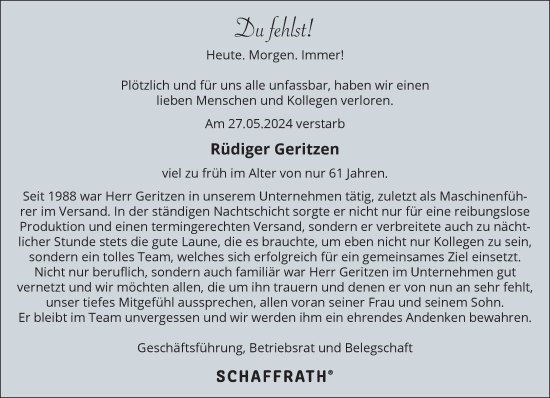 Traueranzeige von Rüdiger Geritzen von NNA