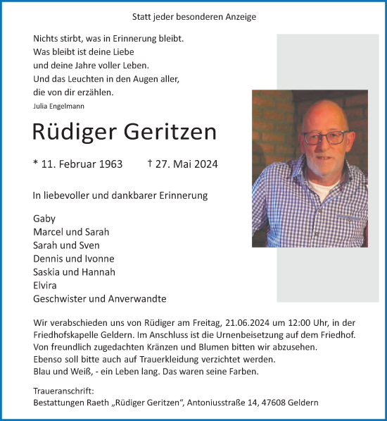 Traueranzeige von Rüdiger Geritzen von NNA