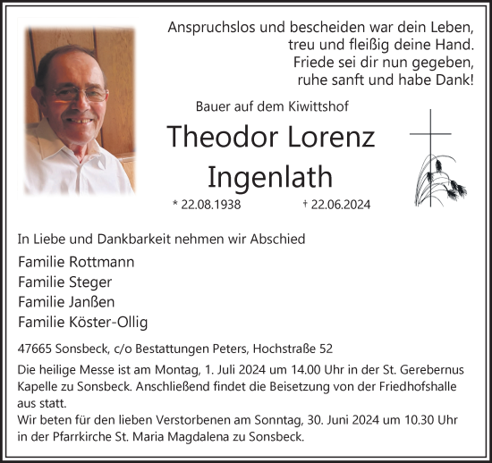 Traueranzeige von Theodor Lorenz Ingenlath von NNA