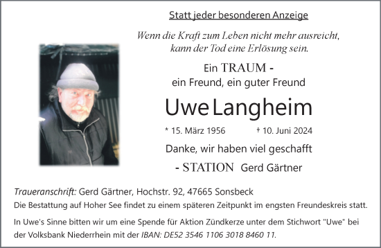 Traueranzeige von Uwe Langheim von NNA