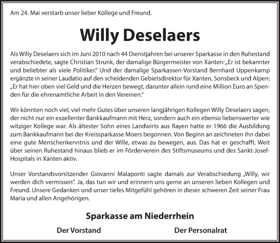 Traueranzeige von Willy Deselaers von NNA
