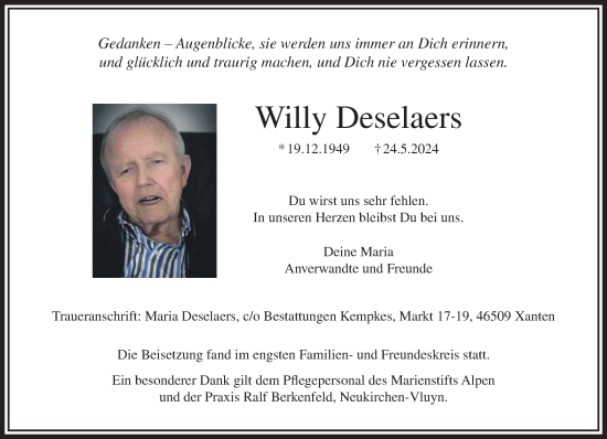 Traueranzeige von Willy Deselaers von NNA